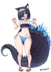 Rule 34 | 1girl, absurdres, animal ear fluff, animal ears, artist name, bikini, black bikini, black hair, blue bikini, blue hair, blue sclera, cat ears, claw pose, colored inner hair, colored sclera, ear down, fang, frilled bikini, frills, full body, hands up, highres, large tail, lizard tail, looking at viewer, mikagura, multicolored hair, open mouth, orange eyes, original, pigeon-toed, sandals, short hair, simple background, solo, spines, standing, swimsuit, tail, twitter username, white background