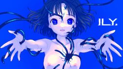 Rule 34 | 1girl, beckoning, black hair, blue background, blue eyes, blue theme, breasts, bright pupils, cable, collarbone, commentary request, copyright name, cracked skin, floating hair, glitch, hole in chest, hole on body, ily., medium hair, narume, nipples, nude, open mouth, outstretched arms, pixel art, simple background, small breasts, smile, solo, straight-on, upper body, white pupils, yurizawa airi