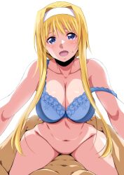 Rule 34 | 1boy, 1girl, absurdres, alice zuberg, blonde hair, blue bra, blue eyes, blush, bottomless, bra, breasts, cleavage, cowgirl position, girl on top, hairband, hetero, highres, island (kossori), large breasts, long hair, looking at viewer, navel, open mouth, simple background, straddling, sweat, sword art online, sword art online: alicization, underwear, white background, white hairband