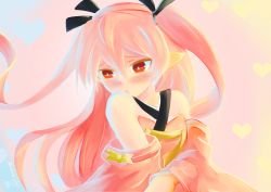 Rule 34 | 1girl, bare shoulders, blush, bow, dress, embarrassed, female focus, gradient background, heart, highres, hoshino aoi (la huynh hai than), japanese clothes, long hair, long sleeves, pink background, pointy ears, red dress, red eyes, red hair, solo, twintails, vampire, yellow bow