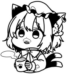 Rule 34 | 1girl, :&lt;, :p, animal ear fluff, animal ears, bow, bowtie, cat ears, cat girl, cat tail, chen, chibi, closed mouth, cropped torso, cup, dot nose, drink, earrings, expressionless, eyes visible through hair, food, food on face, greyscale, hair between eyes, hands up, hat, high collar, holding, holding cup, holding drink, hoop earrings, jewelry, lineart, long sleeves, looking at viewer, lowres, milk mustache, mob cap, monochrome, mug, multiple tails, nekomata, paw print, print mug, puffy long sleeves, puffy sleeves, short hair, simple background, single earring, solo, steam, tail, tail raised, tareme, tongue, tongue out, touhou, two tails, unkmochi, upper body, white background