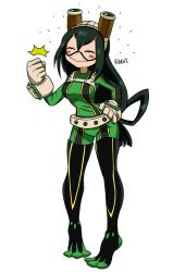 Rule 34 | 1girl, asui tsuyu, bodysuit, boku no hero academia, boots, flowers-imh, frog girl, goggles, goggles on head, green bodysuit, long hair, long tongue, looking at viewer, low-tied long hair, solo, thigh boots, thighhighs, tongue