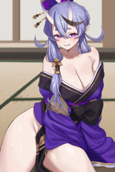 Rule 34 | 1girl, alternate breast size, bare shoulders, blush, breasts, cleavage, collarbone, commentary request, fuooooo, hair between eyes, highres, horns, indoors, japanese clothes, kimono, large breasts, long sleeves, looking at viewer, mole, mole on thigh, mole under mouth, nijisanji, no panties, obi, oni, open mouth, pointy ears, purple eyes, purple hair, purple kimono, rindou mikoto, rindou mikoto (1st costume), sash, sitting, skin-covered horns, smile, solo, tatami, thick eyebrows, thick thighs, thighs, virtual youtuber