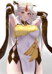 Rule 34 | 1girl, armpits, arms behind head, breasts, closed mouth, detached sleeves, genshin impact, gradient background, grey background, hair ornament, hair stick, highres, large breasts, lips, long hair, looking at viewer, ningguang (genshin impact), red eyes, smile, smodzz998, solo, sweat, thighs, white background, white hair