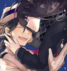 Rule 34 | 1boy, 1girl, black hair, black scarf, black shirt, closed mouth, commentary request, couple, closed eyes, fate/grand order, fate (series), fedora, film grain, flipped hair, hands on another&#039;s cheeks, hands on another&#039;s face, hat, hetero, highres, leaning back, long hair, mikanmochi, open mouth, oryou (fate), pink eyes, plaid, plaid scarf, sakamoto ryouma (fate), scarf, shirt, short hair, signature, smile, teeth, upper body, upper teeth only, white headwear, white shirt