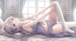 Rule 34 | 1girl, :o, architecture, babydoll, bare shoulders, bed, breasts, cleavage, collarbone, garter belt, garter straps, goth fashion, gothic architecture, gothic lolita, grey hair, hair ornament, hair ribbon, highres, indoors, lingerie, lolita fashion, long hair, looking at viewer, looking to the side, lying, medium breasts, missile228, navel, on back, on bed, open mouth, original, pillow, purple eyes, ribbon, stomach, thighhighs, thighs, underwear, undressing, wavy hair, window