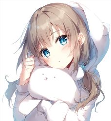 Rule 34 | 1girl, :o, animal ears, animal hood, bear ears, bear hood, blue eyes, blush, brown hair, commentary, fake animal ears, hair between eyes, head tilt, hood, hood up, hoodie, long hair, long sleeves, low twintails, mochizuki shiina, hugging object, original, parted lips, simple background, solo, stuffed animal, stuffed toy, symbol-only commentary, teddy bear, twintails, upper body, virtual youtuber, white background, white hoodie