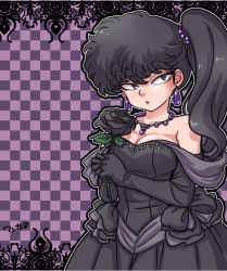 Rule 34 | 1girl, arms at sides, artist name, bare shoulders, black bow, black eyes, black flower, black gloves, black hair, black rose, black shawl, bow, breasts, checkered background, cleavage, dress, earrings, elbow gloves, flower, gloves, hair between eyes, holding, holding flower, jewelry, kunou kodachi, large breasts, lipstick, long hair, looking to the side, makeup, necklace, parted lips, purple background, ranma 1/2, red lips, rose, shawl, side ponytail, solo, strapless, strapless dress, wanta (futoshi), wedding dress