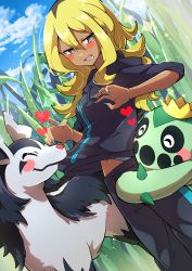 Rule 34 | 1girl, absurdres, affectionate, blonde hair, blush stickers, cacnea, cloud, commentary request, creatures (company), dark-skinned female, dark skin, day, delinquent (pokemon), eyelashes, game freak, gen 3 pokemon, grass, grey eyes, hair between eyes, heart, highres, jacket, lipstick, long hair, looking down, lower teeth only, makeup, mightyena, navel, nintendo, open mouth, outdoors, pants, pokemon, pokemon (creature), pokemon oras, pon yui, sky, tall grass, tassel, teeth, tongue