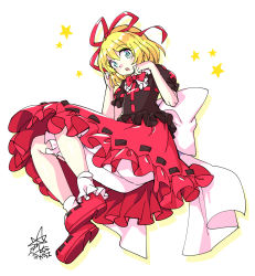 Rule 34 | 1girl, :o, black shirt, blonde hair, bloomers, bow, bowtie, full body, green eyes, hair ribbon, highres, looking at viewer, medicine melancholy, open mouth, paw pose, petticoat, red bow, red bowtie, red footwear, red ribbon, red skirt, ribbon, ribbon-trimmed shirt, ribbon-trimmed skirt, ribbon trim, shirt, short sleeves, signature, simple background, skirt, socks, solo, star (symbol), touhou, umigarasu (kitsune1963), underwear, white background, white socks