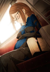 Rule 34 | 1girl, backlighting, bag, big belly, black-framed eyewear, black gloves, blue bodysuit, blush, bodysuit, braid, breasts, closed eyes, closed mouth, commentary request, day, ear piercing, elbow gloves, fate/grand order, fate (series), feet out of frame, from below, glasses, gloves, guranyto, hand on own stomach, handbag, long hair, medium breasts, piercing, pregnant, sakasa (guranyto), seat, sidelocks, single braid, sitting, smile, solo, striped, train interior, vertical stripes, window, yu mei-ren (fate), yu mei-ren (first ascension) (fate)