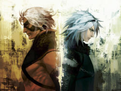 Rule 34 | 2boys, dual persona, gradient background, male focus, mask, multiple boys, name connection, nier, nier (character), nier (father), nier (series), nier (brother), upper body, white background, white hair, yohi