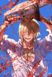 Rule 34 | 1boy, absurdres, blonde hair, blood, blood on hands, chainsaw, chest tattoo, closed eyes, collared shirt, highres, lion iscat, luca kaneshiro, male focus, nijisanji, nijisanji en, open mouth, shirt, smile, solo, tattoo, virtual youtuber, white shirt