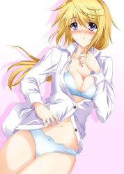 Rule 34 | 1girl, blonde hair, blue bra, blue panties, blush, bra, breasts, charlotte dunois, cleavage, closed mouth, collarbone, collared shirt, cowboy shot, dress shirt, floating hair, frown, hair between eyes, infinite stratos, kagura yuuto, long hair, mechanical pencil, medium breasts, navel, open clothes, open shirt, panties, pencil, ponytail, purple eyes, shirt, simple background, solo, standing, underwear, very long hair, white background, white shirt, wing collar