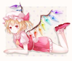 Rule 34 | 1girl, ascot, bad id, bad pixiv id, dress, flandre scarlet, hat, hat ribbon, legs up, looking at viewer, lying, mob cap, on stomach, pink dress, pink footwear, puffy sleeves, red eyes, ribbon, sash, shirt, shoes, short sleeves, side ponytail, smile, solo, touhou, wings, yatomi