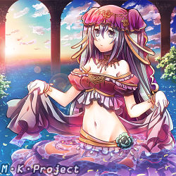 Rule 34 | 1girl, bad id, bad pixiv id, bare shoulders, bracelet, cloud, groin, hatsune miku, headdress, jewelry, lens flare, long hair, lowres, midriff, navel, necklace, partially submerged, sky, solo, suou sakura, very long hair, vocaloid, wading, water