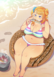 Rule 34 | 1girl, bare arms, bare legs, bare shoulders, barefoot, beach, belly, bikini, blonde hair, blue eyes, blush, breasts, cleavage, cooking, eating, fat, feet, fish, food, galko, highres, holding, huge breasts, innertube, legs, long hair, nail polish, navel, ocean, oshiete! galko-chan, pink nails, plump, sand, side bun, side ponytail, sitting, solo, swim ring, swimsuit, tetrodotoxin, thick thighs, thighs, toes, water, wide hips
