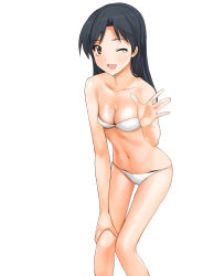 Rule 34 | 1girl, :d, ;d, a1 (initial-g), absurdres, bikini, blue hair, blush, breasts, brown eyes, cleavage, hand on own knee, highres, idolmaster, idolmaster (classic), kisaragi chihaya, looking at viewer, one eye closed, open mouth, pov, simple background, smile, swimsuit, tareme, tears, thigh gap, waving, white background, white bikini, wink