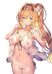Rule 34 | 1girl, bare shoulders, blonde hair, blue eyes, blush, breasts, cleft of venus, commentary, diadem, flower, granblue fantasy, hair flower, hair ornament, hip focus, jeanne d&#039;arc (granblue fantasy), large breasts, long hair, looking at viewer, navel, nipples, open mouth, ponytail, pussy, redcomet, revealing clothes, see-through, simple background, smile, solo, uncensored, white background