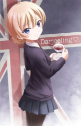 Rule 34 | 10s, 1girl, blonde hair, blue eyes, blue skirt, blue sweater, braid, character name, cup, darjeeling (girls und panzer), girls und panzer, highres, md5 mismatch, miniskirt, outsider 0, pantyhose, pleated skirt, revision, short hair, skirt, solo, sweater, tea, teacup, union jack