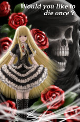 Rule 34 | 1girl, black dress, black footwear, blonde hair, boots, breasts, closed mouth, commentary request, copyright request, cross-laced footwear, dress, english text, flower, gem, gothic lolita, highres, hood, knee boots, layered skirt, lipstick, lolita fashion, long hair, looking at viewer, makeup, medium breasts, open mouth, purple lips, red eyes, red flower, red rose, rose, short sleeves, skirt, skull, standing, tatsuya-fxstc, very long hair