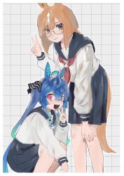 Rule 34 | 2girls, :d, absurdres, ahoge, animal ears, aqua hair, blue eyes, blue hair, blue neckerchief, blue sailor collar, blue skirt, blunt ends, blush, bob cut, border, bow, brown eyes, closed mouth, commentary request, crossed bangs, feet out of frame, glasses, grey background, grid background, hair between eyes, hair bow, hand on own knee, hand up, heterochromia, highres, horse ears, horse girl, horse tail, ikuno dictus (umamusume), kajitsu ohima, leaning forward, light brown hair, long hair, long sleeves, looking at viewer, multicolored hair, multiple girls, neckerchief, open mouth, pleated skirt, purple eyes, red neckerchief, ringed eyes, round eyewear, sailor collar, school uniform, serafuku, sharp teeth, shirt, sidelocks, skirt, smile, squatting, standing, streaked hair, striped, striped bow, tail, teeth, twin turbo (umamusume), twintails, two-tone hair, umamusume, v, white border, white shirt