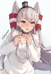 Rule 34 | 1girl, amatsukaze (kancolle), artist name, blush, collarbone, cowboy shot, dress, fang, grey hair, hair tubes, highres, himeyamato, kantai collection, long hair, long sleeves, open mouth, signature, solo, two side up, white dress, yellow eyes
