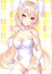 Rule 34 | 1girl, absurdres, animal ears, azur lane, backless leotard, bare shoulders, benson (azur lane), blonde hair, breasts, brown eyes, cleavage, detached collar, fake animal ears, gluteal fold, hand on own thigh, highres, kokonoe sekai, leotard, long hair, looking at viewer, low twintails, medium breasts, playboy bunny, rabbit ears, smile, solo, strapless, strapless leotard, thighhighs, twintails, very long hair, white leotard, white thighhighs, wrist cuffs