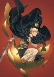 Rule 34 | 1boy, akakokko (niro azarashi), black cape, blonde hair, blue eyes, cape, character request, crown, fingernails, floating cape, floating crown, full body, golden egg, hatching, highres, holding, holding sword, holding weapon, long sleeves, looking ahead, male focus, maronie oukoku no shichinin no kishi, red background, robe, short hair, solo, sword, weapon, white robe
