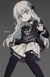Rule 34 | 1girl, argyle, argyle clothes, argyle shirt, black ribbon, blue eyes, blue nails, checkered clothes, checkered vest, choker, cross, cross choker, crying, crying with eyes open, crystar, grey hair, hair ornament, hair ribbon, hatada rei, highres, lace, lace-trimmed skirt, lace trim, limited palette, long hair, pale skin, ribbon, shisoneri, simple background, skirt, solo, tears, thighhighs, vest, zettai ryouiki