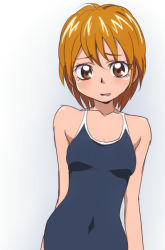 Rule 34 | 00s, 1girl, bare shoulders, blush, breasts, brown eyes, brown hair, cleavage, competition school swimsuit, covered navel, embarrassed, futari wa precure, misumi nagisa, oimanji, one-piece swimsuit, precure, school swimsuit, short hair, small breasts, smile, solo, swimsuit