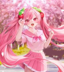 Rule 34 | 1girl, blush, breasts, cherry blossoms, cherry hair ornament, day, double bun, flower, food-themed hair ornament, hair bun, hair ornament, hatsune miku, highres, holding, holding flower, llttyyyuu, long hair, navel, open mouth, outdoors, petals, pink eyes, pink hair, pink neckwear, pink sailor collar, pink skirt, pleated skirt, sailor collar, sakura miku, school uniform, serafuku, short sleeves, skirt, solo, twintails, very long hair, vocaloid