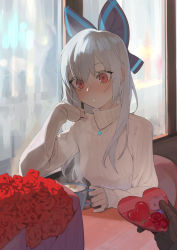Rule 34 | 1girl, alternate costume, beijuu, blush, bouquet, bow, cup, flower, girls&#039; frontline, hair bow, highres, holding, holding cup, jewelry, long hair, long sleeves, necklace, pov, pov hands, red eyes, silver hair, solo focus, sweat, sweater, tokarev (girls&#039; frontline), turtleneck, turtleneck sweater, upper body, valentine, window