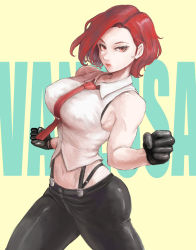 Rule 34 | agent, ass, breasts, gloves, green pants, highres, mature female, pants, red eyes, red hair, red tie, shirt, short hair, snk, suspenders, the king of fighters, tomboy, vanessa (kof), white shirt