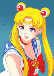 Rule 34 | 1girl, bishoujo senshi sailor moon, blue sailor collar, breasts, choker, circlet, cleavage, commentary, crescent, crescent earrings, derivative work, diadem, earrings, elbow gloves, english commentary, eyelashes, gloves, hair over shoulder, heart, heart choker, highres, jewelry, large breasts, lips, meme, nigaw, parted bangs, red choker, red gloves, sailor collar, sailor moon, sailor moon redraw challenge (meme), sailor senshi, sailor senshi uniform, screenshot redraw, solo, tsukino usagi, upper body