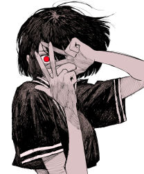 Rule 34 | blunt ends, bob cut, covered face, cropped shirt, double v, eyepatch, floating hair, greyscale, hands up, looking at viewer, medical eyepatch, midriff, monochrome, ongoo18, original, red eyes, school uniform, serafuku, short hair, short sleeves, solid eyes, spot color, upper body, v, v over eye, w, white background