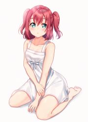 Rule 34 | 1girl, :o, aqua eyes, bare arms, bare legs, bare shoulders, barefoot, blush, breasts, collarbone, dress, half updo, kurosawa ruby, looking at viewer, love live!, love live! sunshine!!, moyui (myi 005), parted lips, shadow, short hair, sidelocks, simple background, sitting, sleeveless, sleeveless dress, small breasts, solo, two side up, wariza, white background, white dress