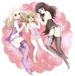Rule 34 | 10s, 3girls, alternate costume, ass, barefoot, black hair, black legwear, black panties, black shirt, blonde hair, blue eyes, butt crack, camisole, clara (girls und panzer), closed mouth, cross-laced clothes, doily, fang, fishnet legwear, fishnets, frilled panties, frills, full body, girl sandwich, girls und panzer, holding hands, katyusha (girls und panzer), lace, lace-trimmed legwear, lace-trimmed panties, lace trim, lens flare, lingerie, long hair, looking at viewer, lying, multiple girls, nonna (girls und panzer), on back, on side, open mouth, oversized object, panties, parda siko, pink panties, pink shirt, purple legwear, purple panties, purple shirt, sandwiched, see-through, shirt, short hair, smile, thighhighs, thong, twitter username, underwear, underwear only