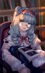Rule 34 | 1girl, animal ears, arknights, bear ears, bear girl, blue eyes, blue hair, blue skirt, book, bookshelf, braid, chair, female focus, flower, frilled hairband, frills, hair flower, hair ornament, hairband, haiwu shenlou, highres, holding, holding book, istina (arknights), istina (bibliosmia) (arknights), jacket, knees up, lips, long hair, long sleeves, looking at viewer, monocle, neckerchief, official alternate costume, open book, open clothes, open jacket, red hairband, red neckerchief, semi-rimless eyewear, shirt, sitting, skirt, smile, solo, sunlight, twin braids, under-rim eyewear, white flower, white jacket, white shirt