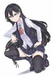 Rule 34 | &gt;:), 1girl, ascot, bad id, bad pixiv id, black hair, black thighhighs, blue eyes, boots, cross, dutch angle, electricity, full body, hair ornament, knee boots, long hair, long sleeves, on one knee, original, pleated skirt, ray-akila, ray littlechamber, shirt, simple background, skirt, smile, solo, sparks, squatting, thighhighs, v-shaped eyebrows, vest, white background, white shirt