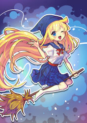 Rule 34 | 1girl, absurdres, blonde hair, blue eyes, blue skirt, blush, broom, broom riding, highres, long hair, looking at viewer, offbeat, one eye closed, open mouth, puyopuyo, short sleeves, skirt, smile, solo, very long hair, witch (puyopuyo)