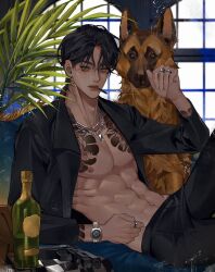 Rule 34 | 1boy, abs, arm tattoo, bishounen, black hair, black jacket, black pants, bottle, chest tattoo, cigarette, couch, cowboy shot, dog, ear piercing, elbow on knee, eyeliner, gun, highres, indoors, jacket, jewelry, leaf, long sleeves, looking at viewer, makeup, male focus, multiple rings, nak1 00, navel, necklace, nipples, on couch, open clothes, original, pants, parted bangs, parted lips, pectorals, pet, piercing, plant, potted plant, ring, short hair, sitting, solo, tattoo, twitter username, watch, weapon