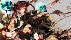 Rule 34 | 1girl, braid, dress, expressionless, fire, flaming skull, frilled skirt, frills, grey background, hand on own face, highres, kaenbyou rin, leaning forward, long sleeves, looking away, red eyes, red hair, short hair, skirt, skull, solo, spell card, touhou, twin braids, yutapon
