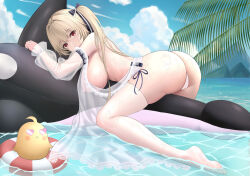 Rule 34 | 1girl, anchorage (azur lane), anchorage (dolphins and swim lessons) (azur lane), ass, azur lane, barefoot, beach, blonde hair, breasts, closed mouth, dress, from side, hanging breasts, highres, inflatable orca, inflatable toy, inflatable whale, large breasts, looking at viewer, manjuu (azur lane), nipples, ocean, official alternate costume, outdoors, red eyes, see-through, sideboob, sky, smile, thighhighs, thighs, tina (tinafya), twintails, water, wet, white thighhighs