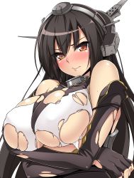 Rule 34 | 10s, 1girl, bare shoulders, black gloves, black hair, blush, breasts, elbow gloves, fingerless gloves, gloves, hairband, headgear, kantai collection, large breasts, long hair, nagato (kancolle), red eyes, revision, satou samu, simple background, solo, torn clothes, white background