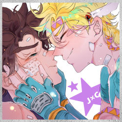 Rule 34 | 2boys, absurdres, aqua eyes, bandaid, bandaid on cheek, bandaid on face, bandaid on forehead, bandaid on hand, bandaid on nose, battle tendency, blonde hair, blue gloves, blue shirt, border, brown hair, caesar anthonio zeppeli, cheek squash, chinese commentary, close-up, commentary request, closed eyes, facial mark, feather hair ornament, feathers, fingerless gloves, forehead-to-forehead, from side, gloves, hair ornament, half-closed eyes, hands on another&#039;s cheeks, hands on another&#039;s face, happy, headband, heads together, highres, jojo no kimyou na bouken, joseph joestar, joseph joestar (young), male focus, multiple boys, qiezi guaishou, shirt, short hair, short sleeves, smile, star (symbol), triangle print