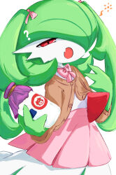 1girl :o ? alternate_hair_length alternate_hairstyle bottle bow bowtie brown_cardigan buttons cardigan clothed_pokemon colored_skin creatures_(company) fang female_focus flat_chest game_freak gardevoir gen_3_pokemon green_hair green_skin hair_over_one_eye hair_ribbon half-closed_eyes hands_up highres holding holding_bottle long_hair long_sleeves milk milk_bottle miniskirt moomoo_milk multicolored_skin my_(my_6633) nintendo one_eye_covered open_cardigan open_clothes open_mouth pink_bow pink_bowtie pink_ribbon pink_skirt pleated_skirt pokemon pokemon_(creature) ribbon school_uniform shirt simple_background skin_fang skirt solo standing twintails two-tone_skin white_background white_shirt white_skin yawning