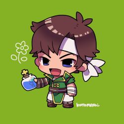 Rule 34 | 1boy, blue eyes, blush, brown footwear, brown hair, castlevania (series), chibi, chibi only, fingerless gloves, full body, gloves, green background, green jacket, highres, holding, holy water, jacket, kotorai, male focus, no nose, open mouth, pants, richter belmont, simple background, single glove, solo, standing, white headwear, white pants