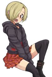 Rule 34 | 10s, 1girl, bags under eyes, black thighhighs, blonde hair, blood, blood on clothes, boots, ear piercing, flat chest, full body, gazacy (dai), hair over one eye, highres, hood, hoodie, idolmaster, idolmaster cinderella girls, piercing, plaid, plaid skirt, red eyes, shiny skin, shirasaka koume, short hair, sitting, skirt, sleeves past wrists, solo, thighhighs, tongue, tongue out, white background, zettai ryouiki