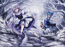 Rule 34 | 2girls, alternate costume, cirno, dress, hair ribbon, juliet sleeves, letty whiterock, long sleeves, multiple girls, perfect cherry blossom, pointy ears, puffy sleeves, ribbon, sandals, scarf, scenery, shoes, short hair, skyspace, sneakers, snow, touhou, tree, white scarf, wings, winter